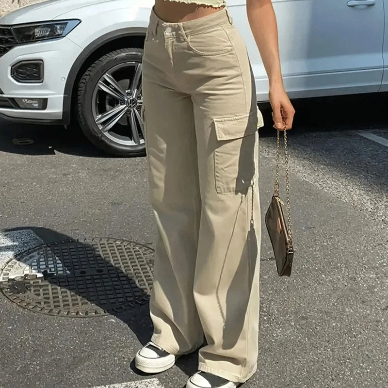 "2024 Fashion Women's High-Waist Baggy Straight Fit Y2K Retro Street Style Cargo Pants with Wide Leg and Pockets"