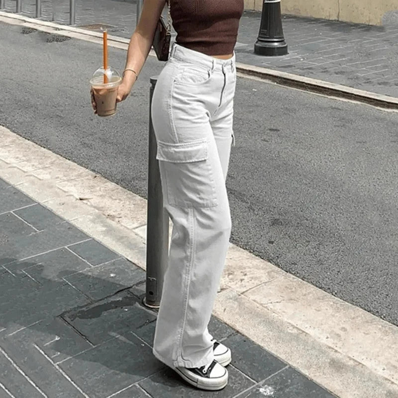 "2024 Fashion Women's High-Waist Baggy Straight Fit Y2K Retro Street Style Cargo Pants with Wide Leg and Pockets"