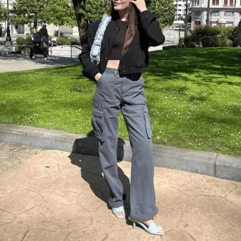 "2024 Fashion Women's High-Waist Baggy Straight Fit Y2K Retro Street Style Cargo Pants with Wide Leg and Pockets"