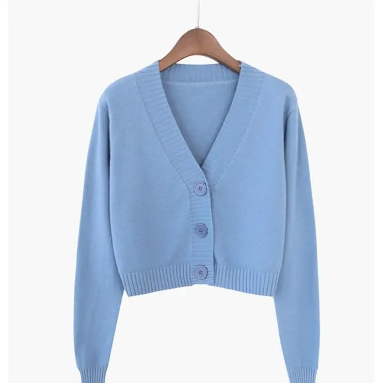 "Korean-Inspired Y2K Style: Knitted Crop Cardigan in Green & Blue - Long Sleeve, V-Neck - Trendy Women's Fashion!"