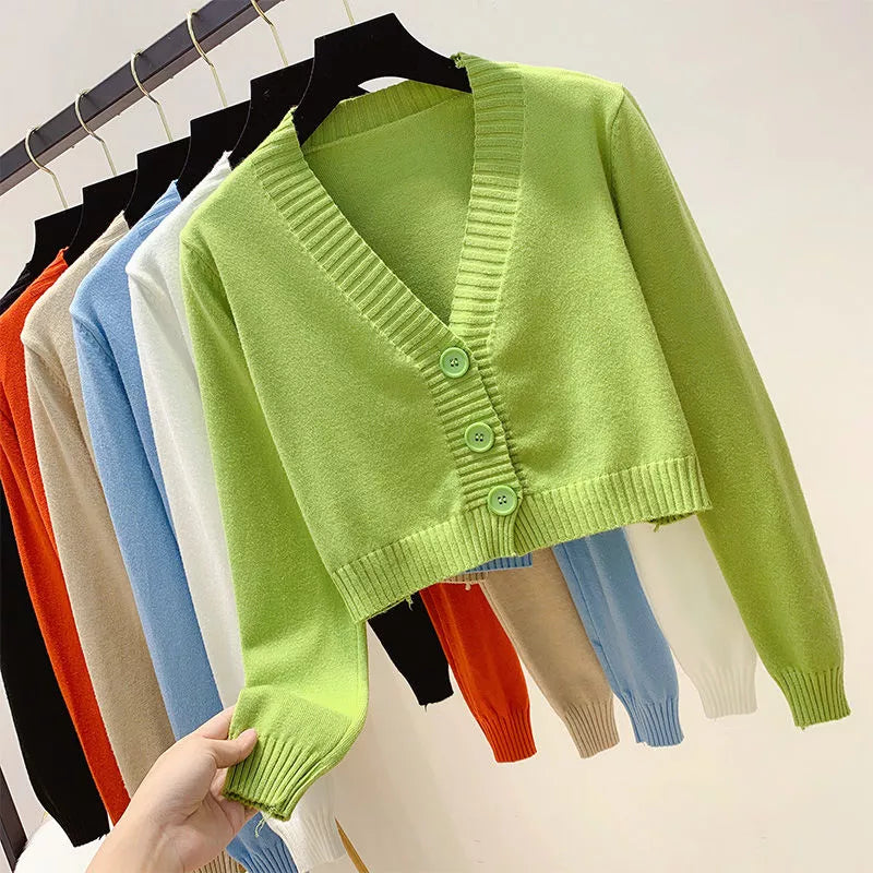 "Korean-Inspired Y2K Style: Knitted Crop Cardigan in Green & Blue - Long Sleeve, V-Neck - Trendy Women's Fashion!"