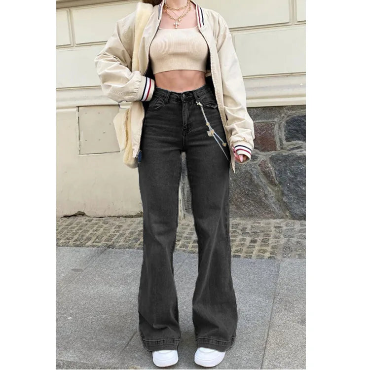 "Introducing our Women’s Denim Flared Pants, a stylish nod to Y2K fashion"