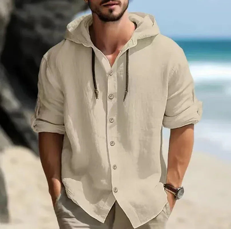 "Stay cool and stylish with our Men's Summer Cotton Linen Hooded Shirt"