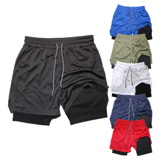 Men's Double Layer Fitness Shorts: 2-in-1 Quick Dry Gym Training Joggers