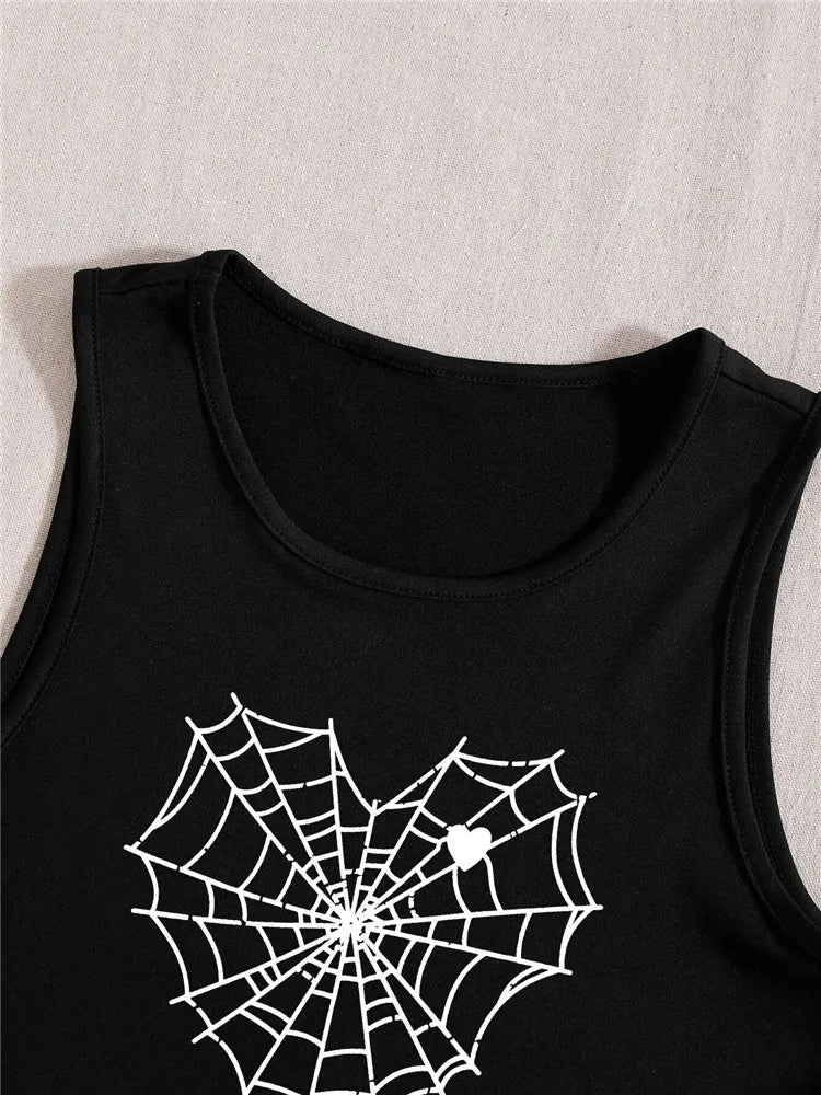 "Embrace your edgy style with our Women’s Gothic Cobweb Heart Print Graphic Tank Top"