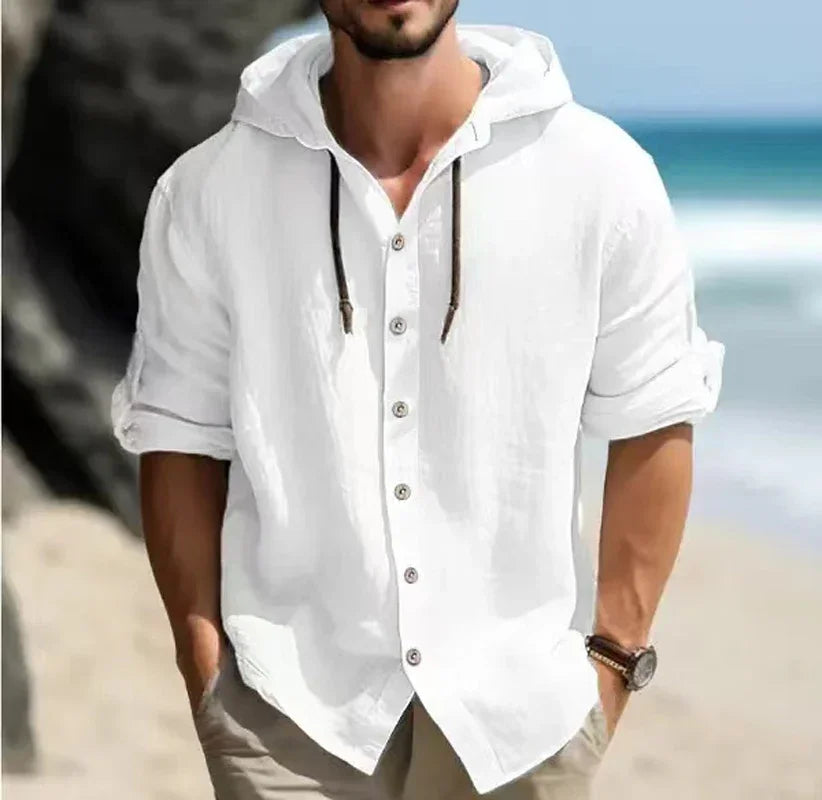 "Stay cool and stylish with our Men's Summer Cotton Linen Hooded Shirt"