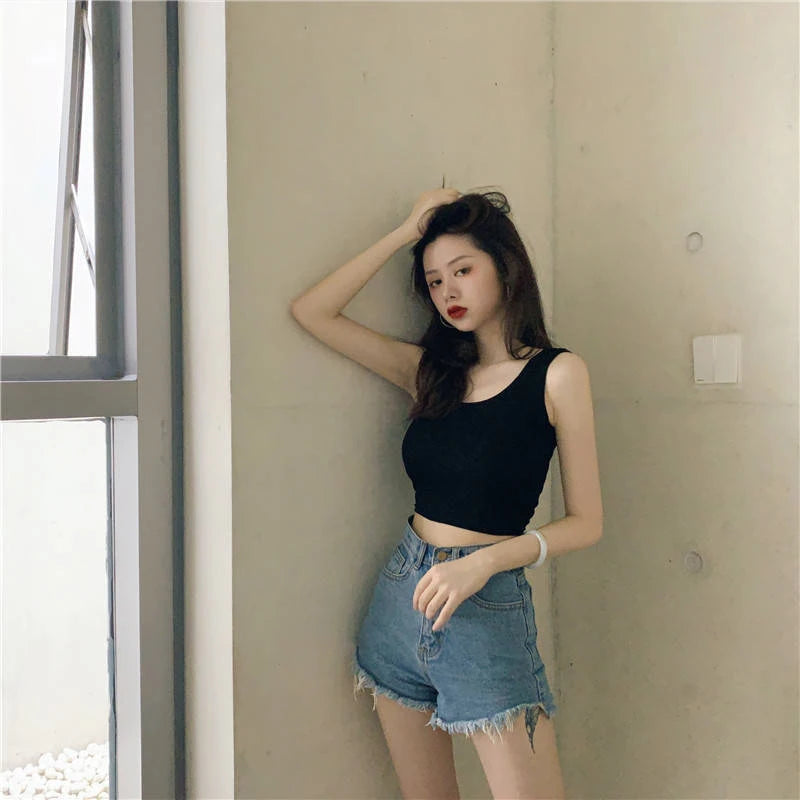 "Introducing our Black Knitted Round Neck Sleeveless Camisole Crop Top for Women"