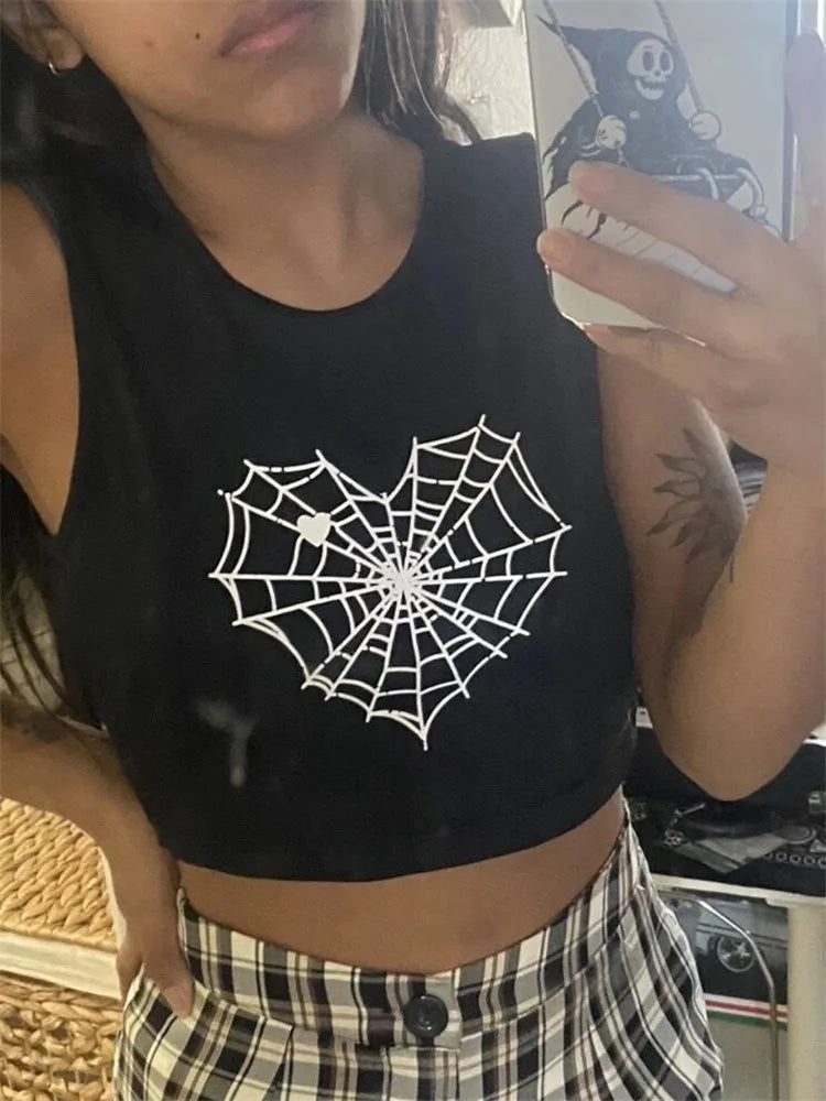 "Embrace your edgy style with our Women’s Gothic Cobweb Heart Print Graphic Tank Top"