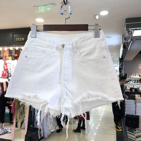 "Women's High-Waist Irregular White Denim Shorts for Spring and Summer"