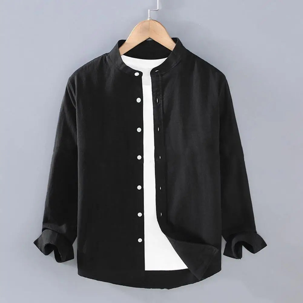 "Upgrade your fall wardrobe with our Men's Stand Collar Cardigan Shirt"