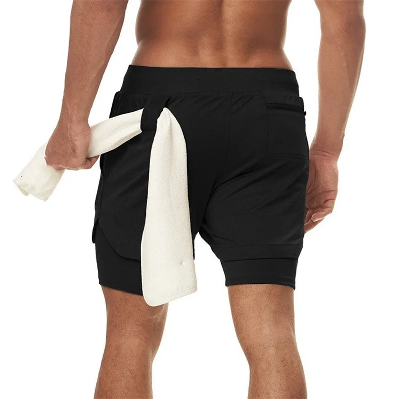 Men's Double Layer Fitness Shorts: 2-in-1 Quick Dry Gym Training Joggers