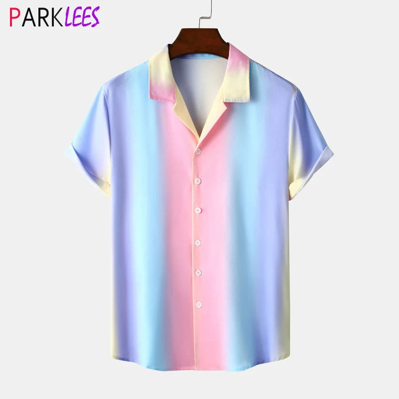 "Make a statement this summer with our Men's Stylish Gradient Color Hawaiian Shirt"