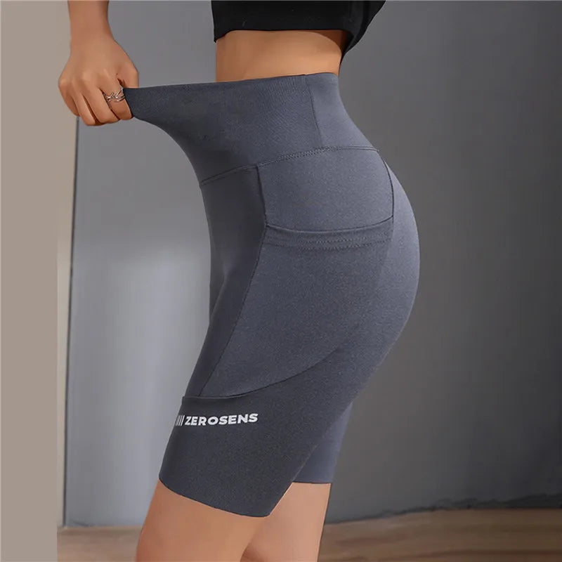 "Women's High Waist Gym Short Leggings - Hip Lift Yoga Shorts with Pockets"