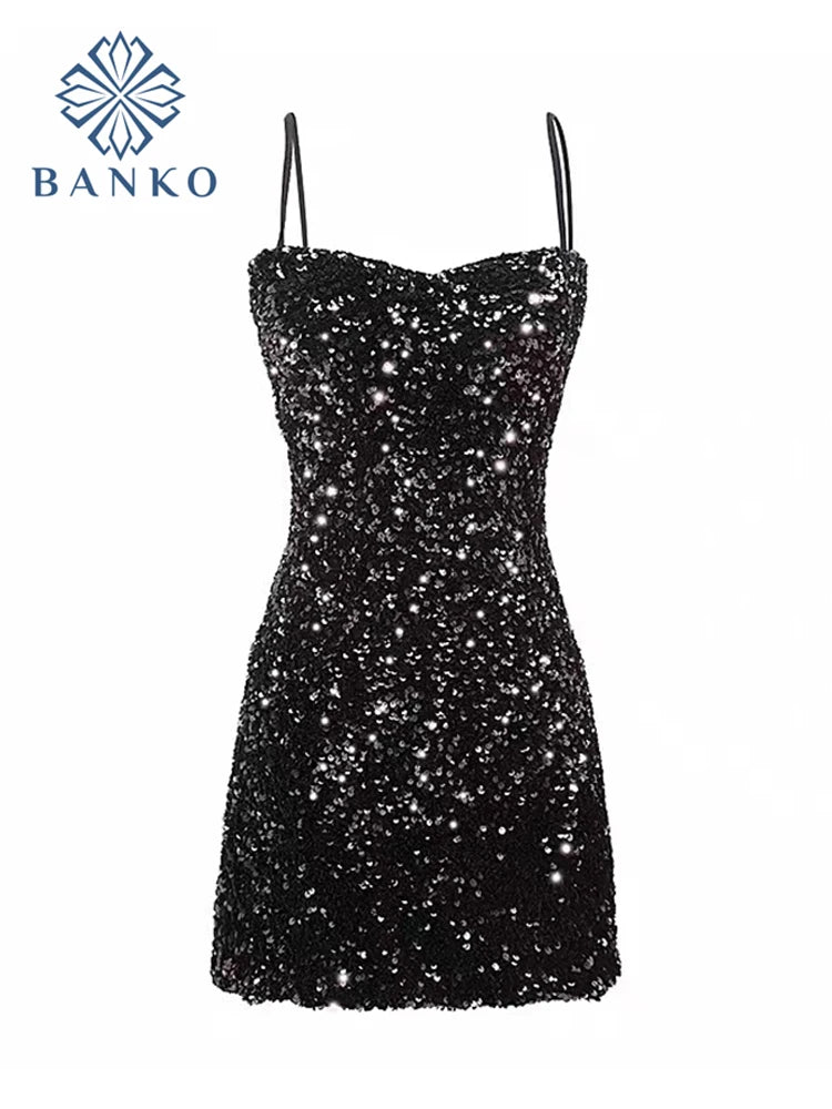 Elegant Halter Sequin Black Dress: Aesthetic Evening Wear for Women.