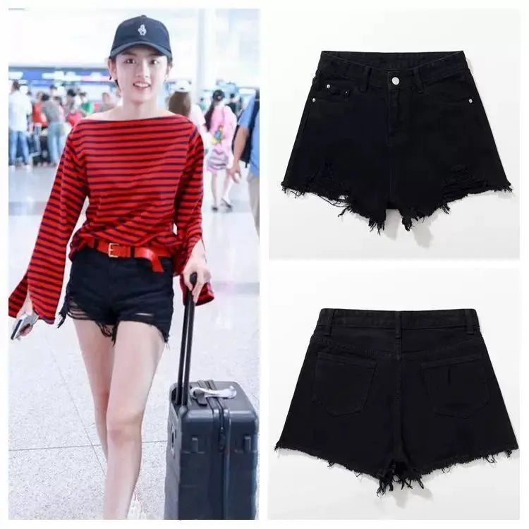 "Women's High-Waist Irregular White Denim Shorts for Spring and Summer"