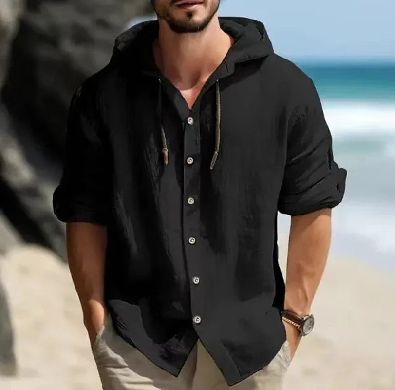 "Stay cool and stylish with our Men's Summer Cotton Linen Hooded Shirt"