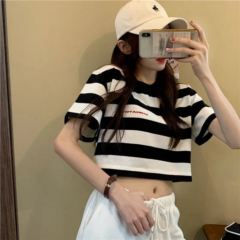 "Elevate your summer style with our Women's Black and White Striped Cropped Top"