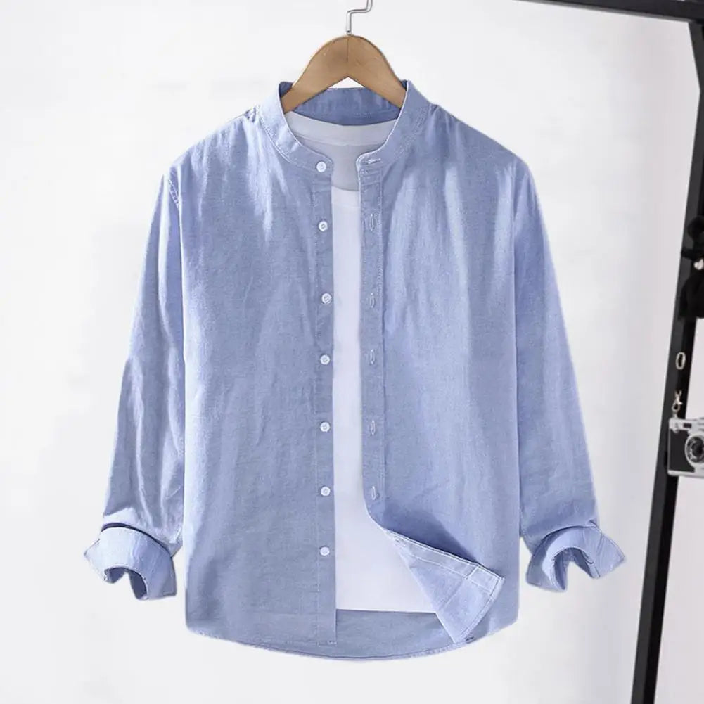 "Upgrade your fall wardrobe with our Men's Stand Collar Cardigan Shirt"