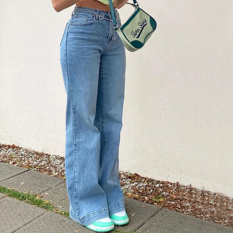 "Introducing our Women’s Denim Flared Pants, a stylish nod to Y2K fashion"