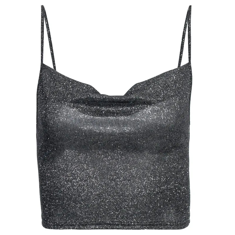 "Summer Shiny Spaghetti Camis Crop Top: Black Straps, Low Cut V-Neck, Form-Fitting Streetwear for Women"