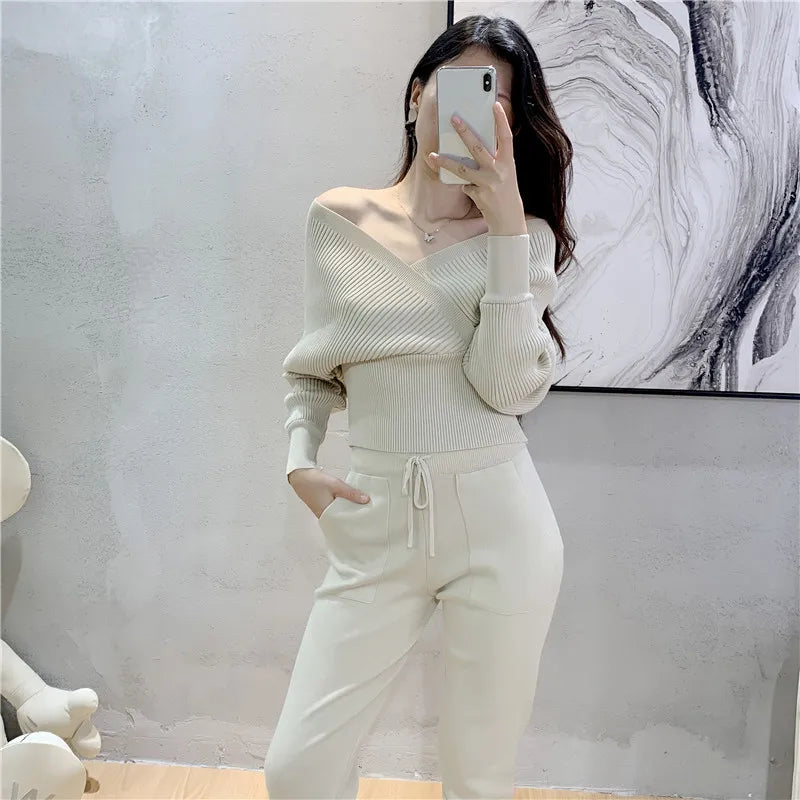 Elegant Tracksuit: Sexy Ribbed Knitted Two Piece Set for Women