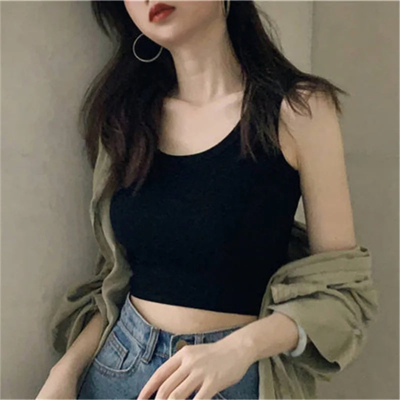 "Introducing our Black Knitted Round Neck Sleeveless Camisole Crop Top for Women"