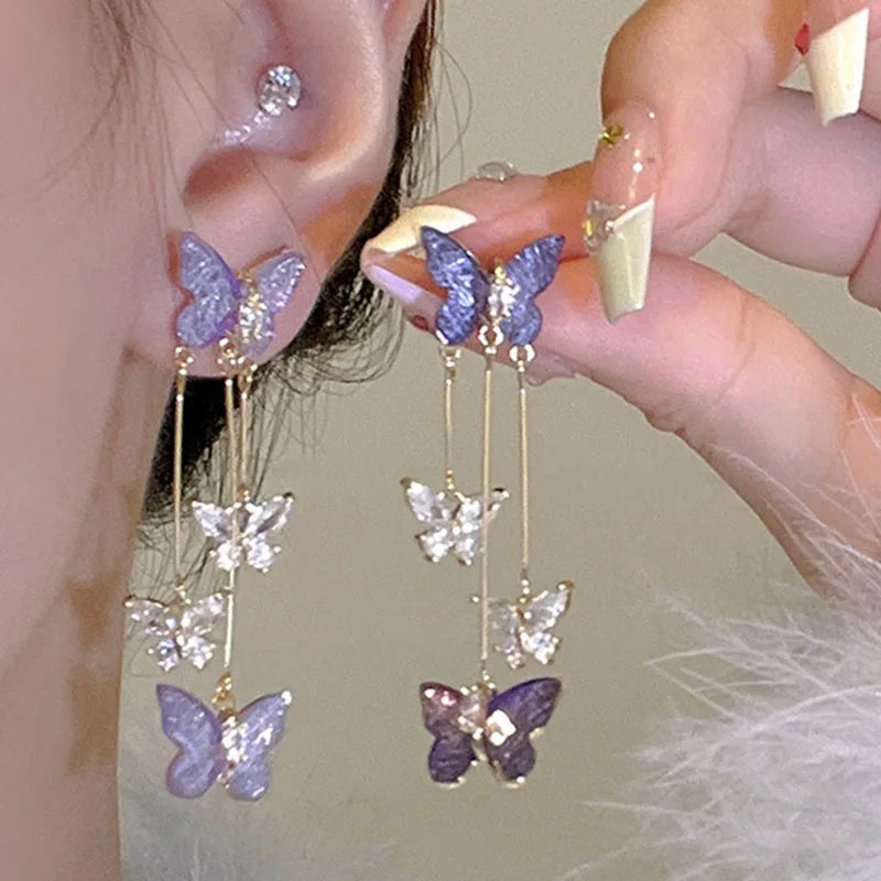 "925 Silver Needle Purple Butterfly Long Tassel Earrings: Trending Korean Fashion Jewelry 2024"