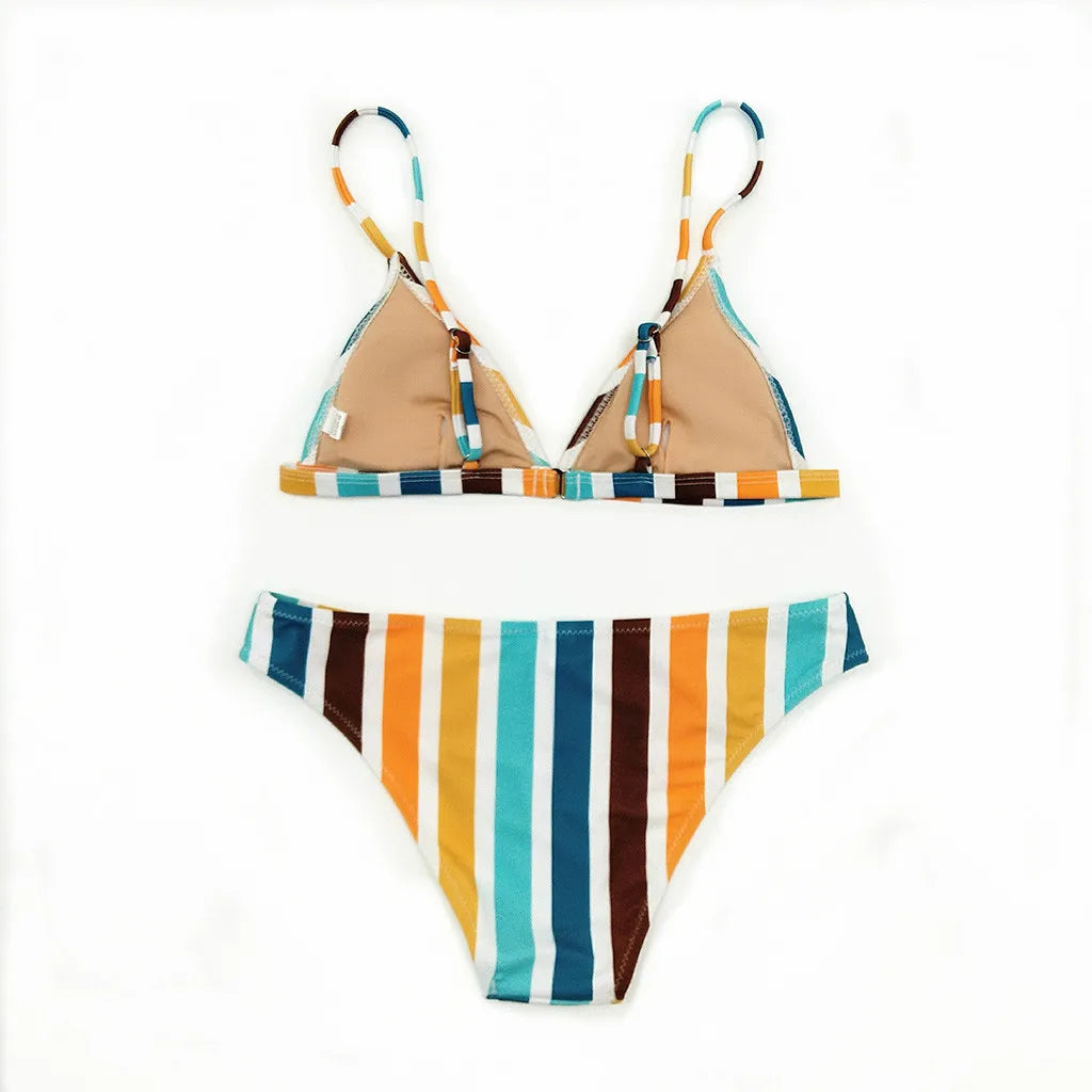 "Elevate your beachwear collection with our Women's Summer Beach Rainbow Striped Bikini Set"