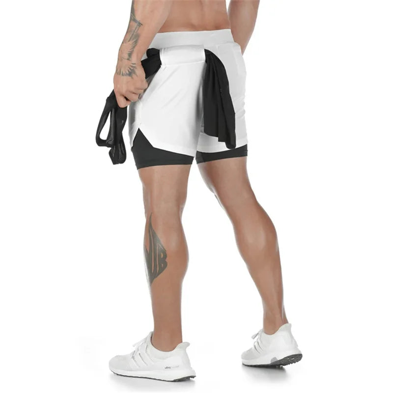 Men's Double Layer Fitness Shorts: 2-in-1 Quick Dry Gym Training Joggers