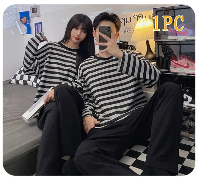 "Cotton Couple Pajamas Set: Cartoon Striped Plaid Loungewear for Women and Men"