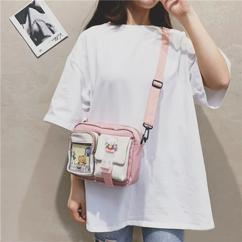 Kawaii Japanese Style Small Nylon Crossbody Bag - Multipocket & Transparent Design for Women