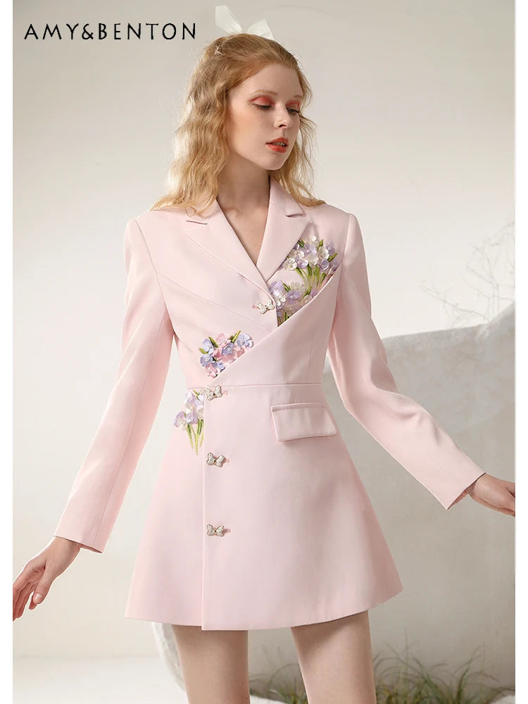 Pink Business Graceful Suit Dress: Three-Dimensional Flower Embroidered A-line Mini Dress