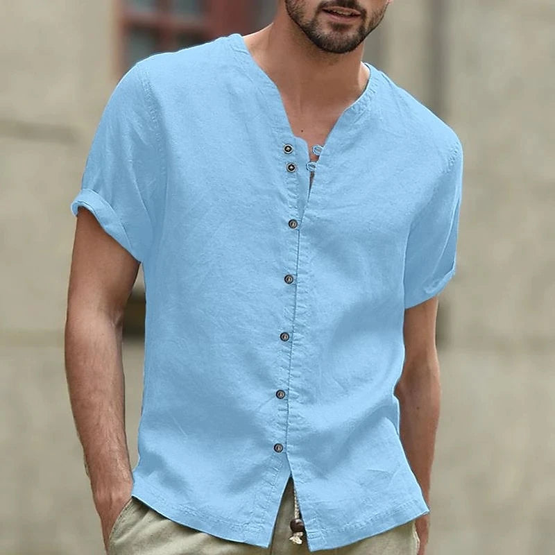 "Upgrade your casual wardrobe with our Men's V-Neck Cotton Linen Short Sleeve T-Shirt"