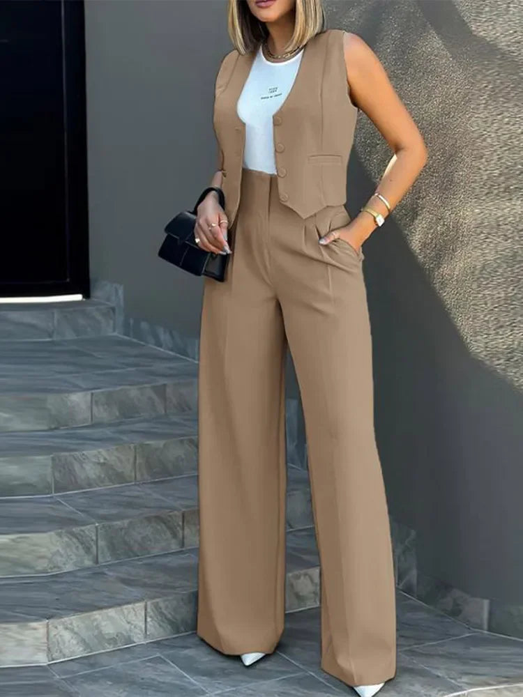 "Introducing our Stylish Women's Commuting Vest and High Waist Wide Leg Pants Set for 2024"