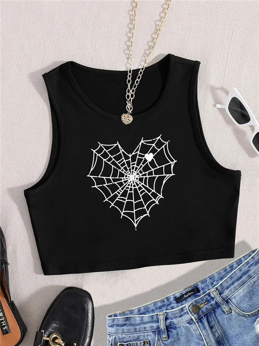 "Embrace your edgy style with our Women’s Gothic Cobweb Heart Print Graphic Tank Top"