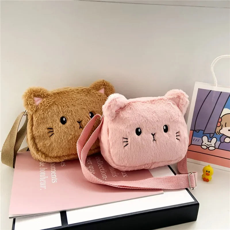 "Cartoon Cat Baby Girls Crossbody Bags: Cute Soft Plush Children's Shoulder Bag"