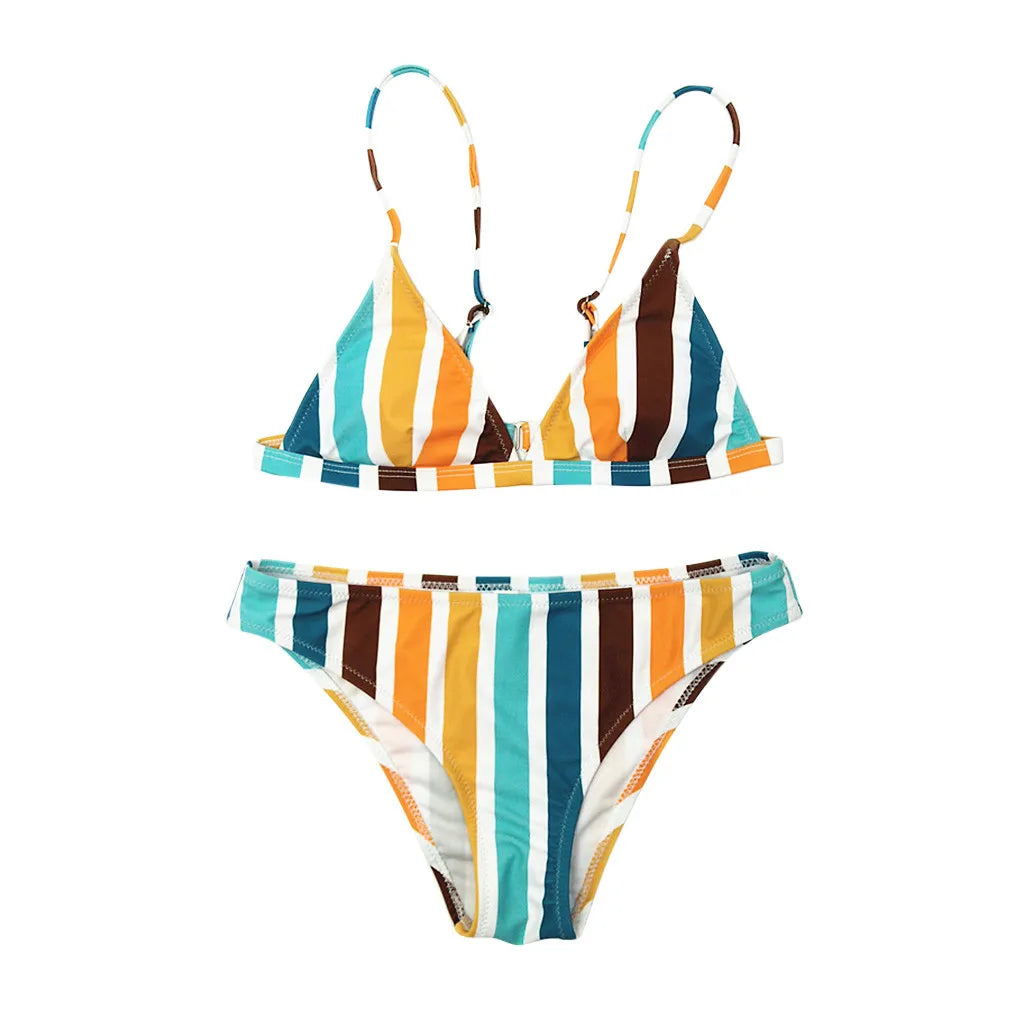 "Elevate your beachwear collection with our Women's Summer Beach Rainbow Striped Bikini Set"