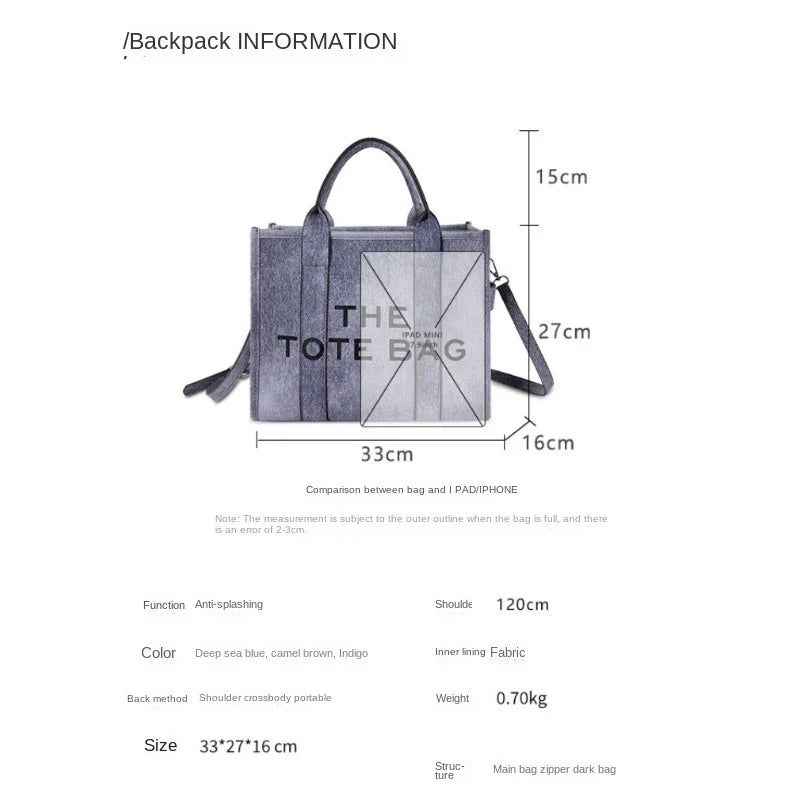 Fashion Gradient Color PU Denim Tote Bag - Versatile Women’s Shoulder and Crossbody Handbag