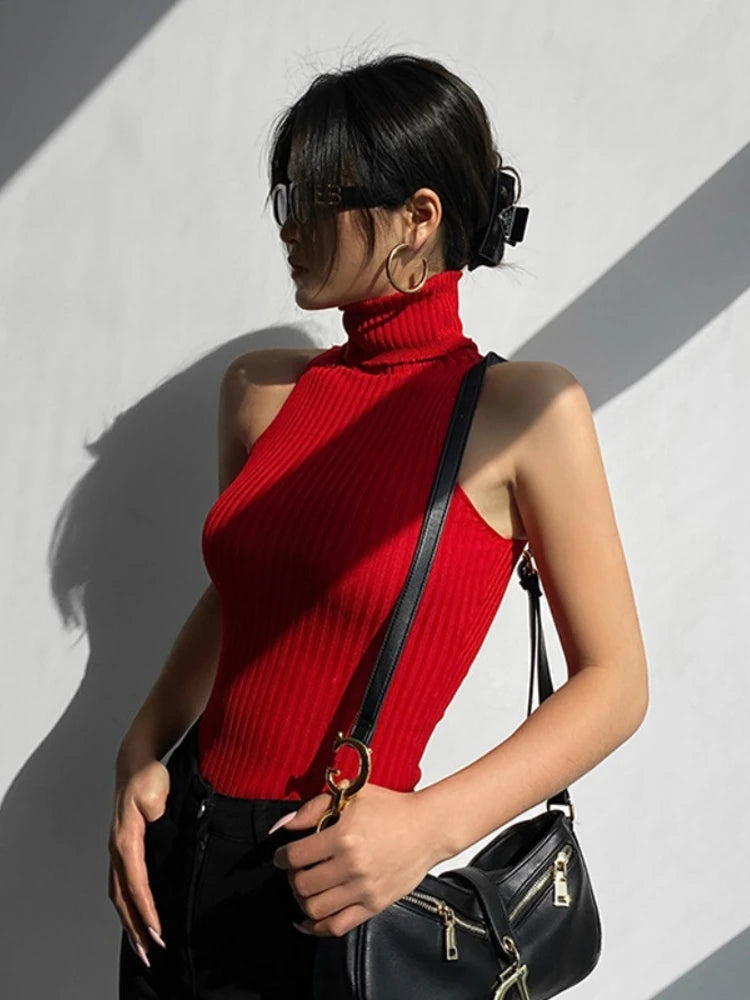 "Elevate your summer wardrobe with our Sexy Knit Turtleneck Tank Top"