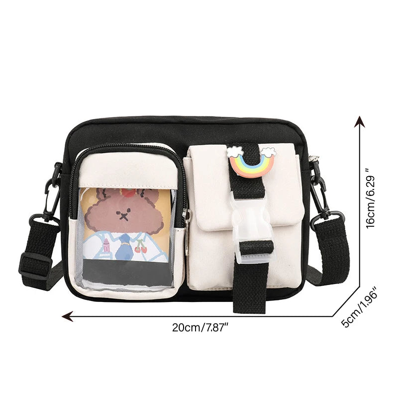 Kawaii Japanese Style Small Nylon Crossbody Bag - Multipocket & Transparent Design for Women