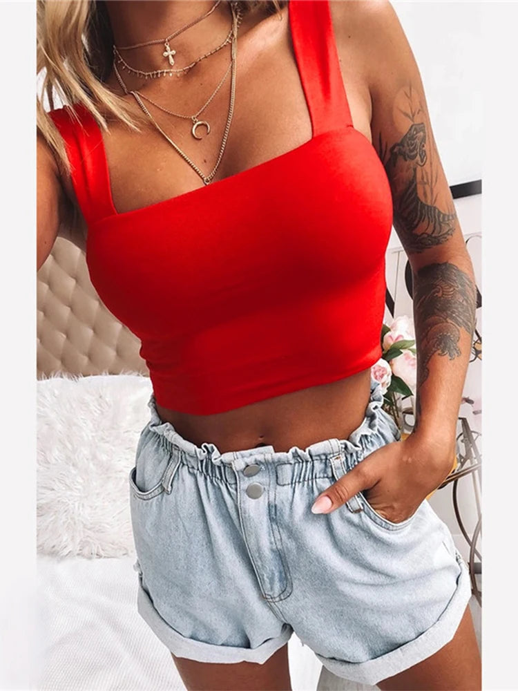 "Embrace effortless style with our Women’s Square Neck Sleeveless Crop Top"