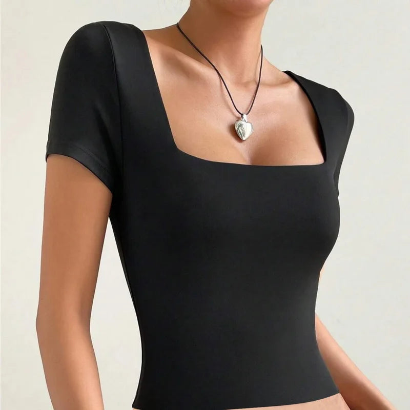 "Elevate your summer wardrobe with our Women's Versatile Slim Square Neck Short Sleeve T-Shirt"