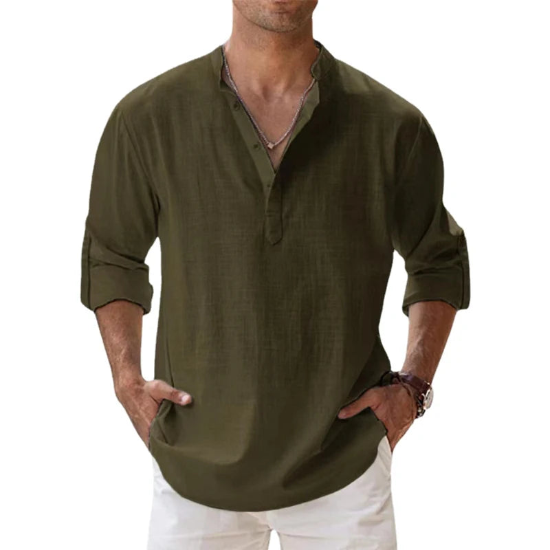 Men's Cotton Linen Henley Shirts - Lightweight & Breathable for Beach and Casual Wear