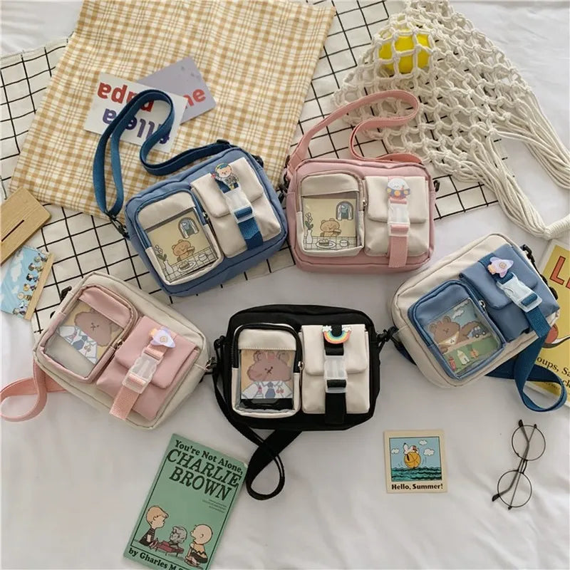 Kawaii Japanese Style Small Nylon Crossbody Bag - Multipocket & Transparent Design for Women