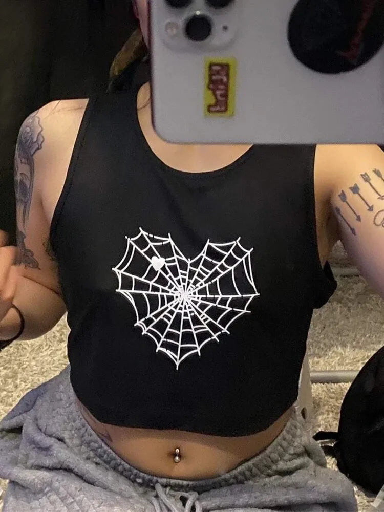 "Embrace your edgy style with our Women’s Gothic Cobweb Heart Print Graphic Tank Top"