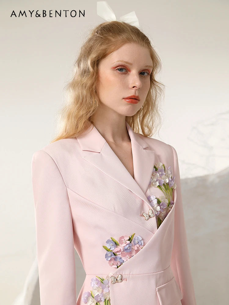 Pink Business Graceful Suit Dress: Three-Dimensional Flower Embroidered A-line Mini Dress