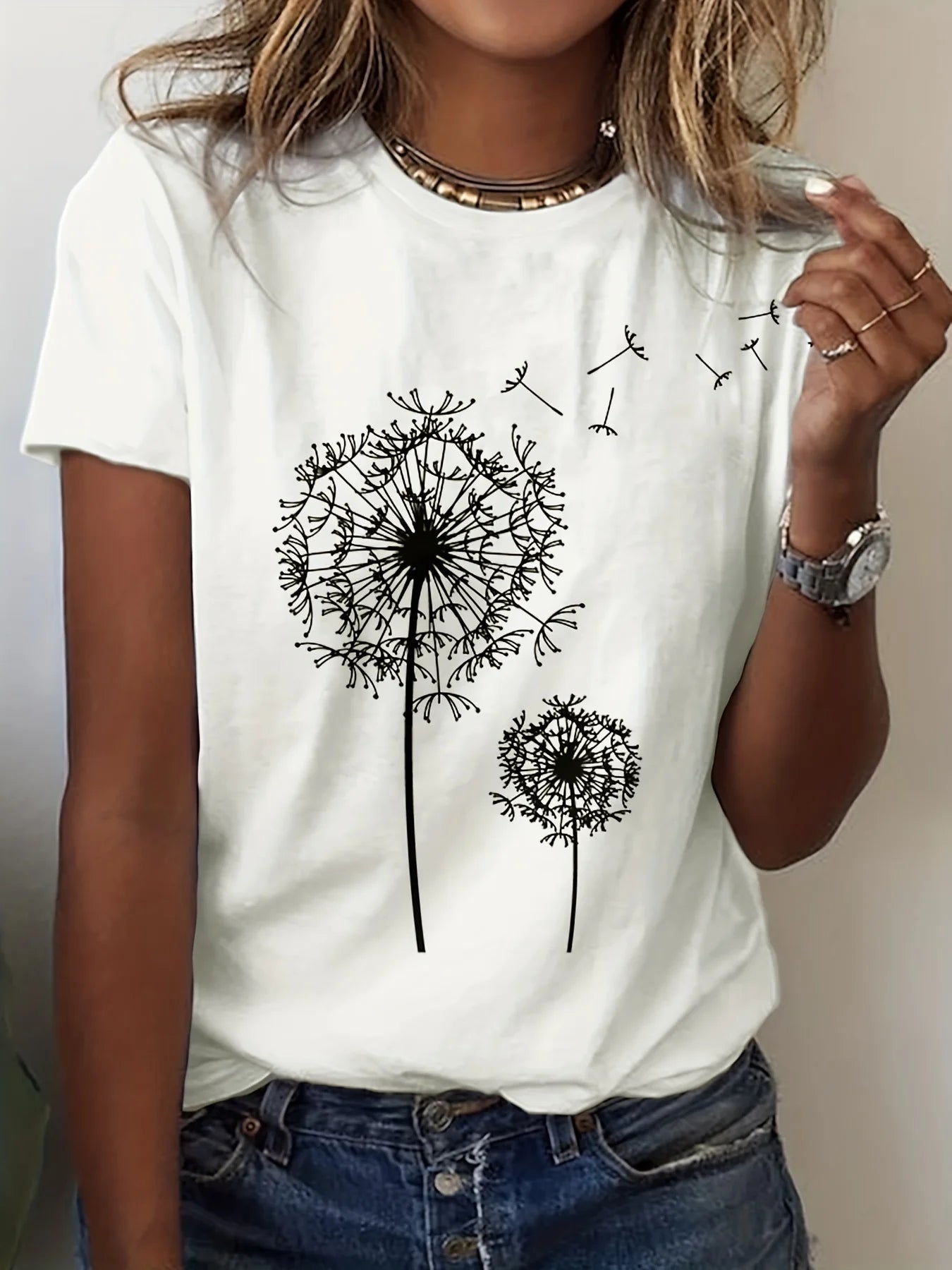 "Introducing our Dandelion Print Crew Neck T-Shirt for Women"