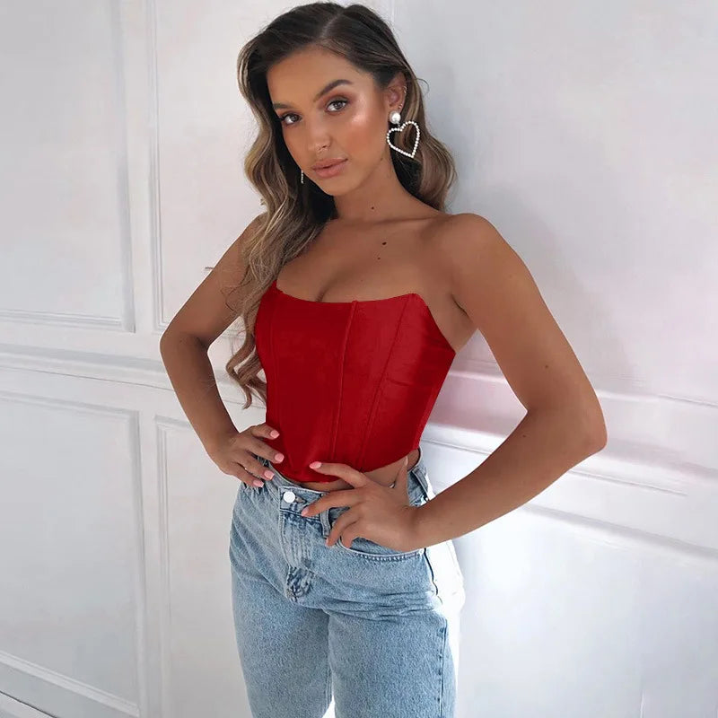 "Turn heads with our Sleeveless Off-Shoulder Velvet Corset Crop Top"