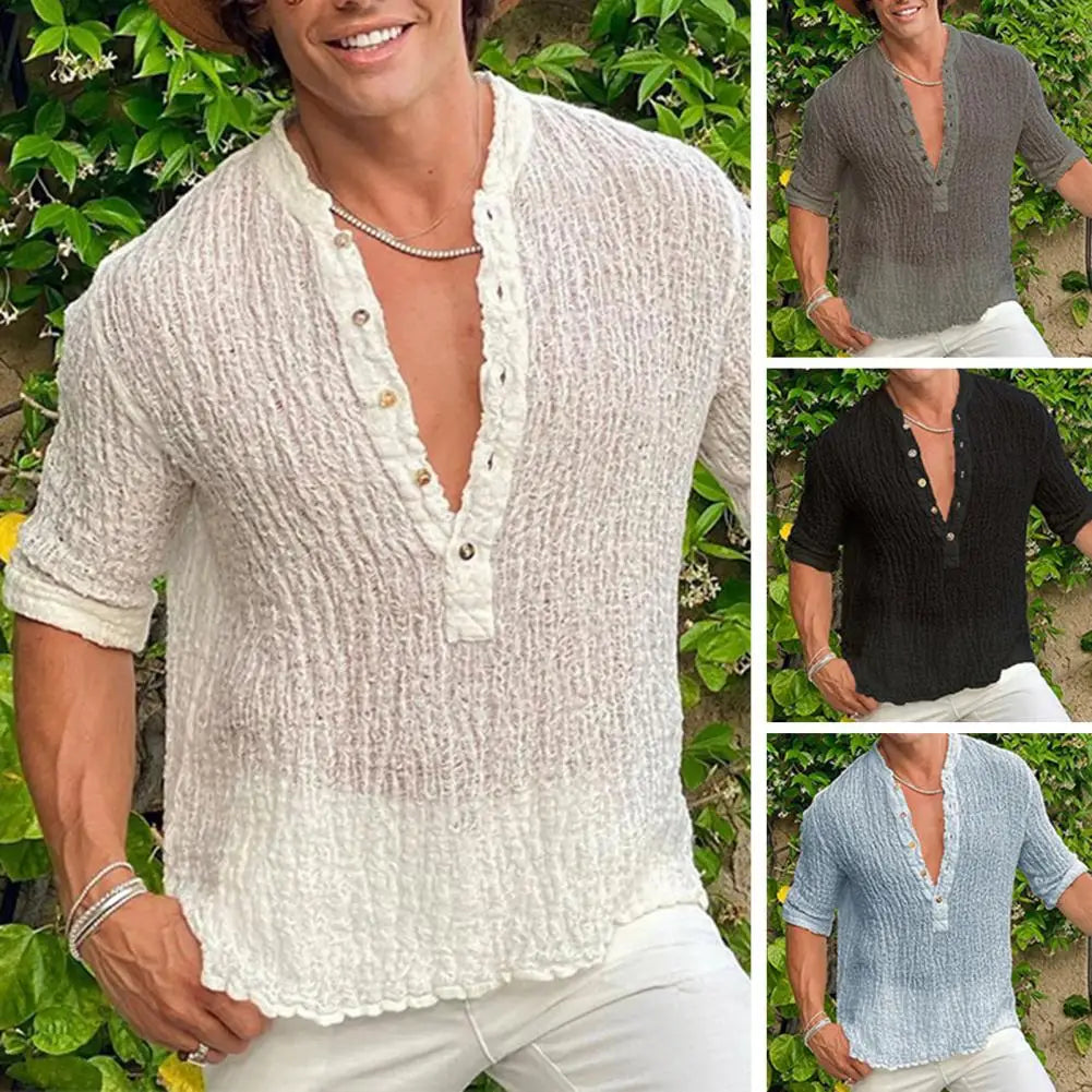 "Experience timeless style and comfort with our Men's Vintage Cotton Linen V-Neck Shirt"