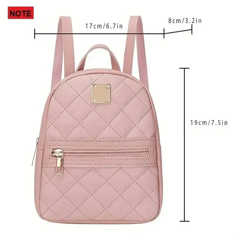 "Black Rhombic Pattern Women's Cute Small Backpack: Casual Shoulder Bag with Adjustable Strap and Zipper"